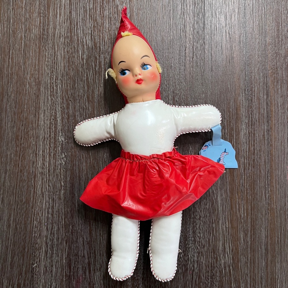 Vintage Elf Doll Plush Toy Red Vinyl Dress Blue Eyes Creepycore Decor